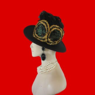 Black Felt Bolero Gaucho Feathered Hat, Boater Gondola Fedora Fashion Hat, Haute Couture Designer Hat, Wedding Dress Causal Formal Western