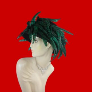 Black Felt Emerald Green Feathered Avant Garde Designer Hat For Women, Haute Couture Fashion Hats, Wedding Dress Formal Church Races Hat