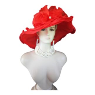 Red Big Ruffle Brim Organza Wedding Brida Hat, Formal Dress Hat, Mother Of The Bride Hats, Haute Couture Designer Hats, NY Fashion Hats