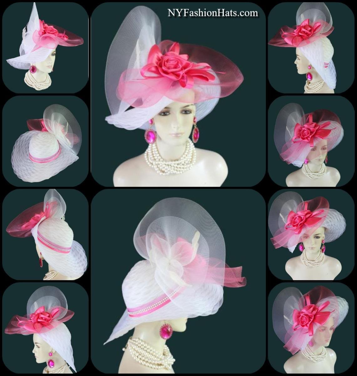 Haute Couture White Hot Pink Wide Brim Designer Fashion Hat, Formal Dress Church Hats, Kentucky Derby Hats, Avant Garde Wedding Bridal Hat - Image 2