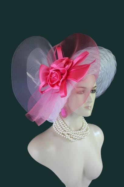 Haute Couture White Hot Pink Wide Brim Designer Fashion Hat, Formal Dress Church Hats, Kentucky Derby Hats, Avant Garde Wedding Bridal Hat