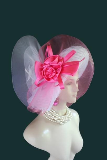 Haute Couture White Hot Pink Wide Brim Designer Fashion Hat, Formal Dress Church Hats, Kentucky Derby Hats, Avant Garde Wedding Bridal Ha