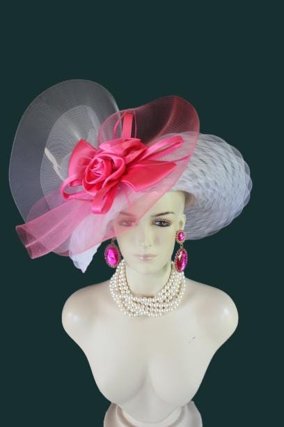 Haute Couture White Hot Pink Wide Brim Designer Fashion Hat, Formal Dress Church Hats, Kentucky Derby Hats, Avant Garde Wedding Bridal Hat - Image 7