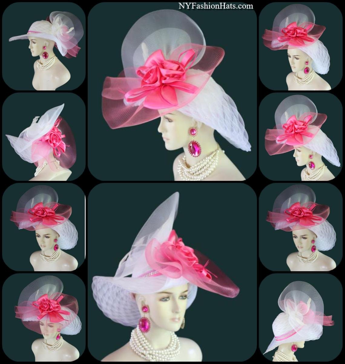 Haute Couture White Hot Pink Wide Brim Designer Fashion Hat, Formal Dress Church Hats, Kentucky Derby Hats, Avant Garde Wedding Bridal Ha