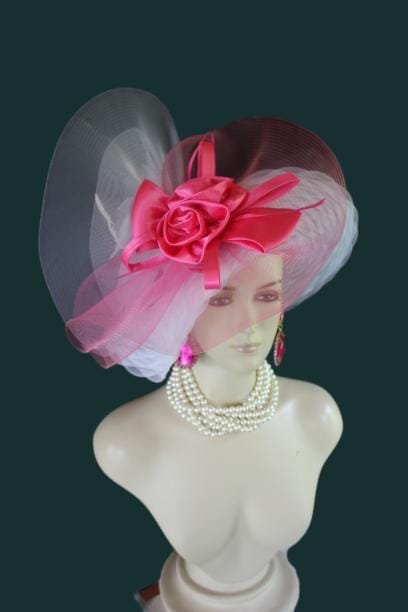 Haute Couture White Hot Pink Wide Brim Designer Fashion Hat, Formal Dress Church Hats, Kentucky Derby Hats, Avant Garde Wedding Bridal Hat - Image 6