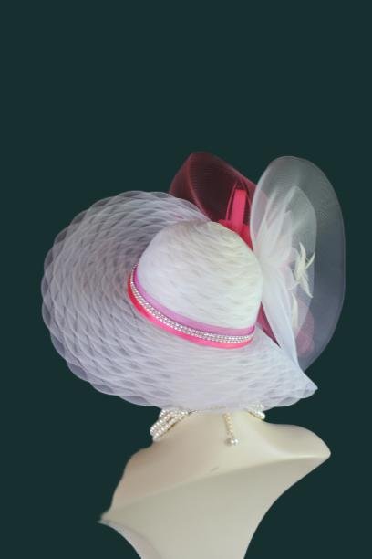 Haute Couture White Hot Pink Wide Brim Designer Fashion Hat, Formal Dress Church Hats, Kentucky Derby Hats, Avant Garde Wedding Bridal Hat - Image 12