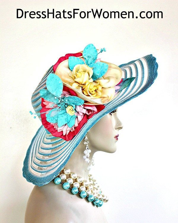 Haute Couture Designer Hats, Kentucky Derby Hats For Women, Turquoise Blue White Yellow Pink Designer Statement Hat, Wedding Church Hat, U98 - Image 3