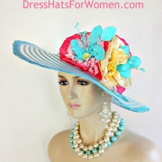 Women's Turquoise Blue White Statement Kentucky Derby Hat. This Wide Brim Designer Fashion Wedding Church Hat Is Embellished With Handmade Vintage Silk And Velvet Millinery Flower Assortment Adorned With Satin Bowing. Colors Include: An Array Of Pink Flowers, Yellow Roses, Aqua And Hand Painted Turquoise Blue Sequin Pearl Flowers. This Dramatic Spring Colored Hat Will Be The Talk Of The Town.
