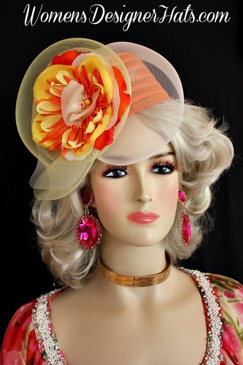 Orange Yellow Ivory Luxury Designer Cocktail Hat Headpiece, Hats Fascinators For Wedding Guests, Couture Hats For Women, NYFashionHats - Image 4