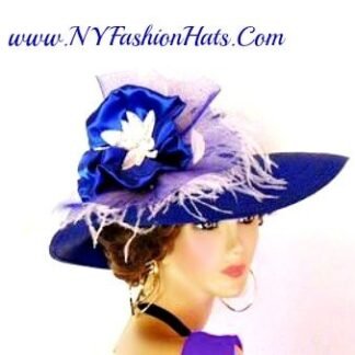 Ladies Royal Blue Wide Brim Designer Hat With A Royal Blue Satin Bow, White Sequin Appliques And White Feathers.