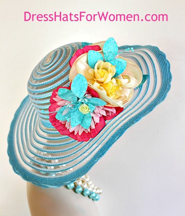Haute Couture Designer Hats, Kentucky Derby Hats For Women, Turquoise Blue White Yellow Pink Designer Statement Hat, Wedding Church Hat, U98 - Image 2
