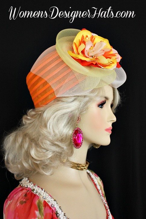 Orange Yellow Ivory Luxury Designer Cocktail Hat Headpiece, Hats Fascinators For Wedding Guests, Couture Hats For Women, NYFashionHats - Image 3