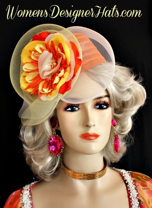 Orange Yellow Ivory Luxury Designer Cocktail Hat Headpiece, Hats Fascinators For Wedding Guests, Couture Hats For Women, NYFashionHats - Image 2