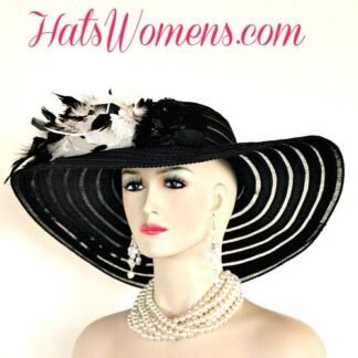 Ladies Black Large Sheer Brim Designer Hat Embellished With Feathers. A Perfect Hat For The Horse Races
