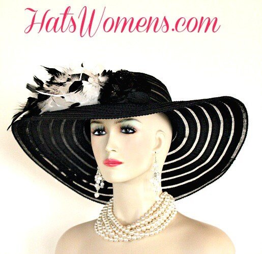 Ladies Black Large Sheer Brim Designer Hat Embellished With Feathers. A Perfect Hat For The Horse Races