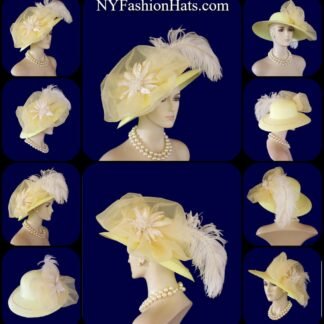 Women's Pastel Yellow Wide Brim Dress Designer Fashion Hat With A White Sequin Beaded Flower With Rhinestones. A Perfect Hat For The Kentucky Derby, Horse Racing Events, Formals, Church, Synagogue, Temple Tea's And Special Occasion.