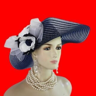 Women's Navy Blue White Designer Fashion Dress Hat, Hats Wedding Church, Hats For Horse Races, NYFashionHats, Large Brim Hat, Millinery