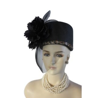 Black High Crown Pillbox Formal Designer Hat